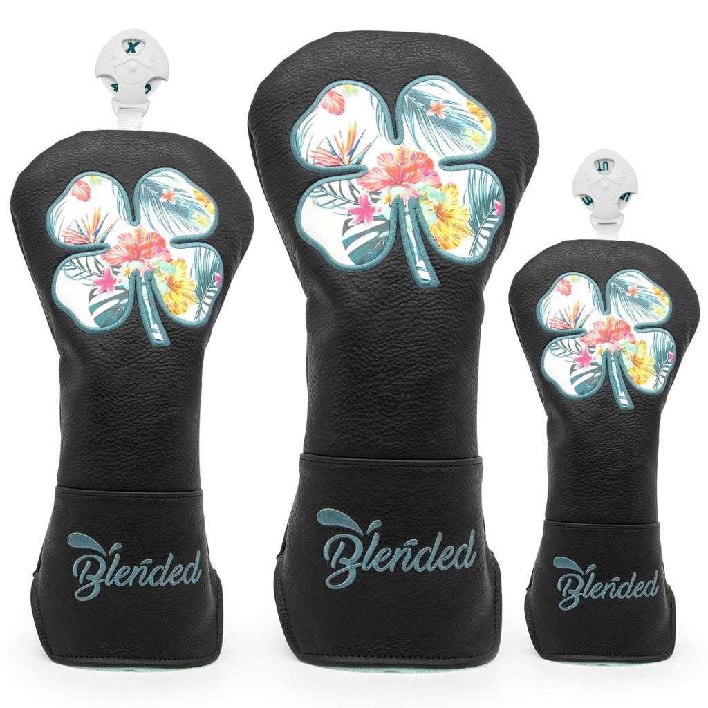 Black golf club head covers set with four-leaf clover floral embroidery and Blended logos