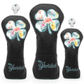 Black golf club head covers set with four-leaf clover floral embroidery and Blended logos