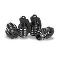 Set of four black tire valve stem caps with ridged, striped design