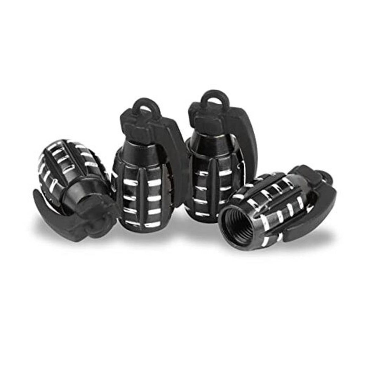 Set of four black tire valve stem caps with ridged, striped design