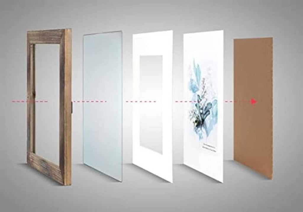 Brown solid wood 5x7 picture frame shown beside multiple frame sizes