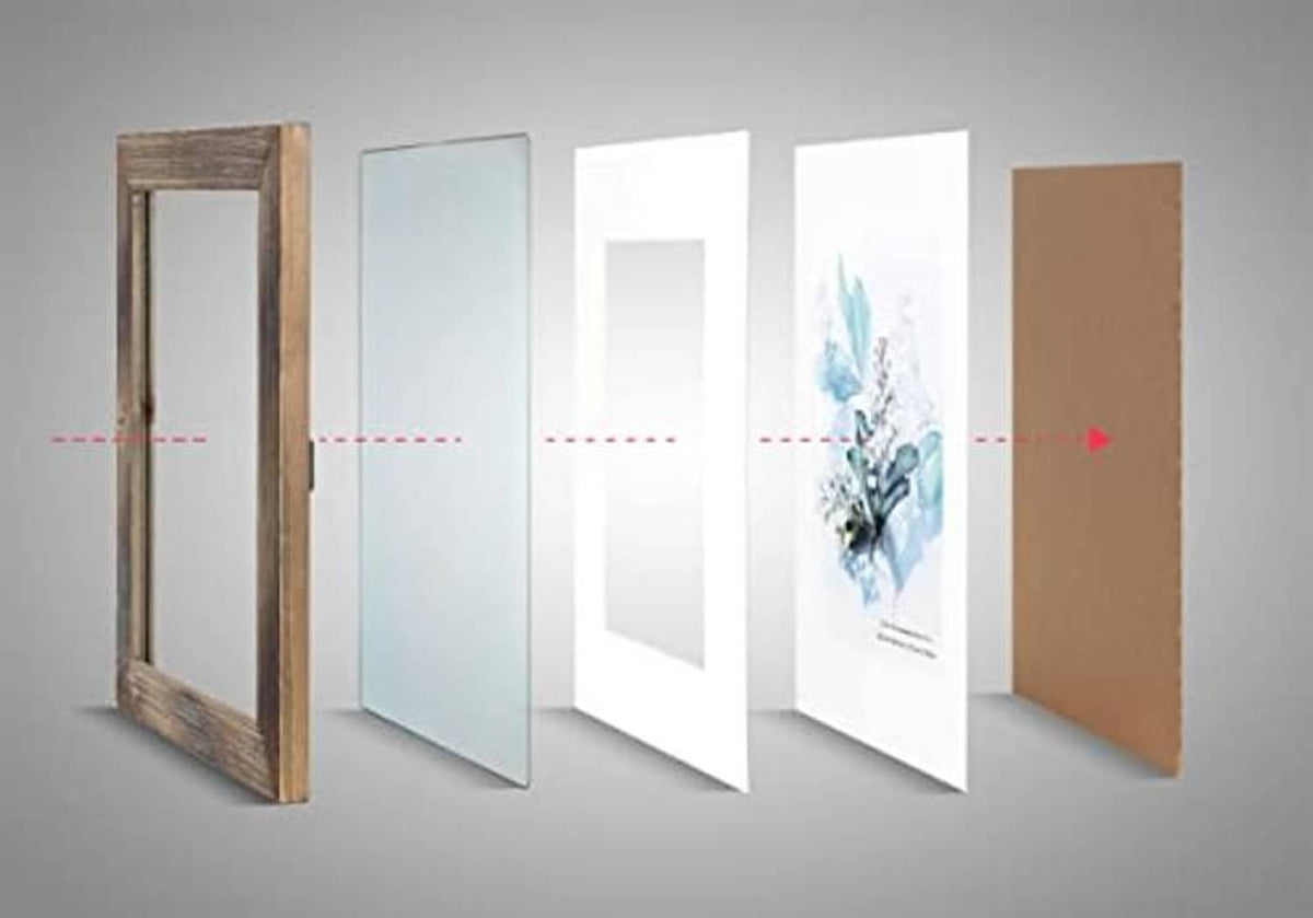 Brown solid wood 5x7 picture frame shown beside multiple frame sizes