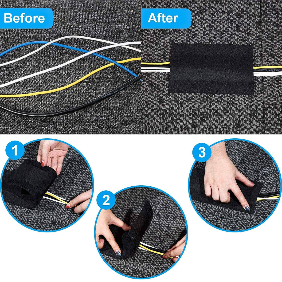 Black cord cover fitted over cables on carpet, with hands pressing it in place