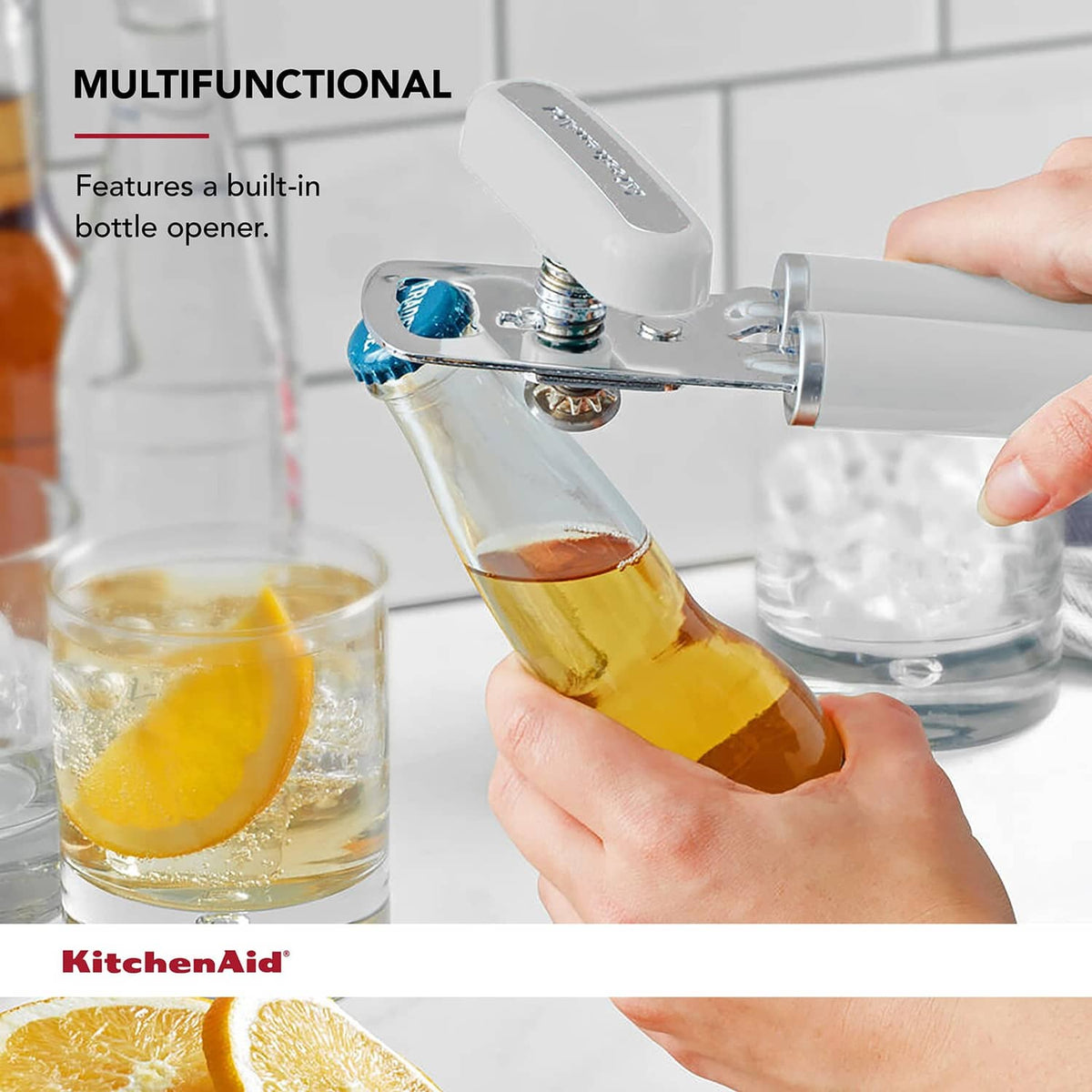 White multifunction can opener with built-in bottle opener and cutting wheel