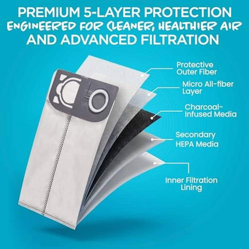 Stacked HEPA vacuum bags showing white layers with dark gray filter top panel