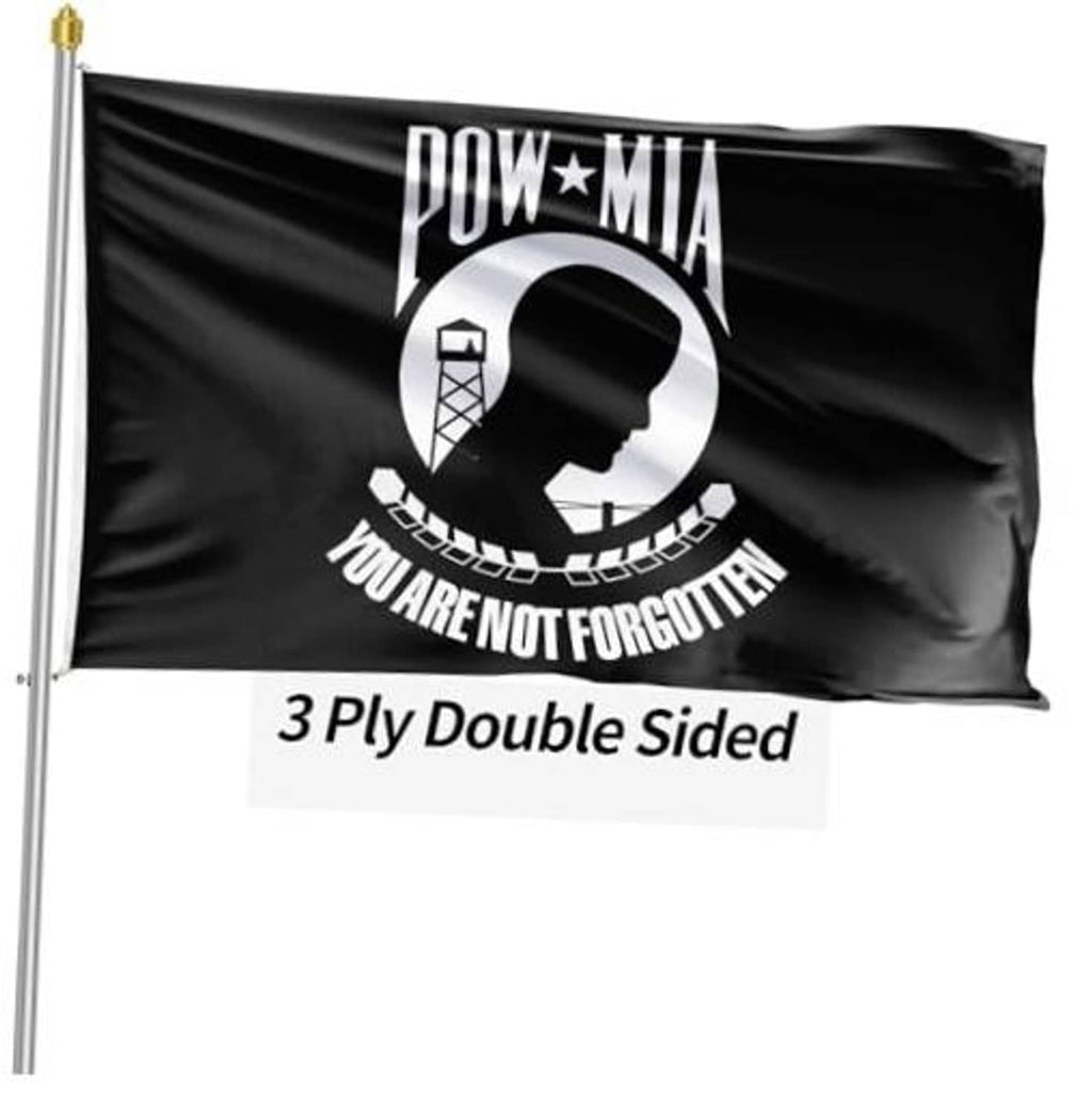 Black POW*MIA outdoor flag with circular emblem and “You are not forgotten” design on pole