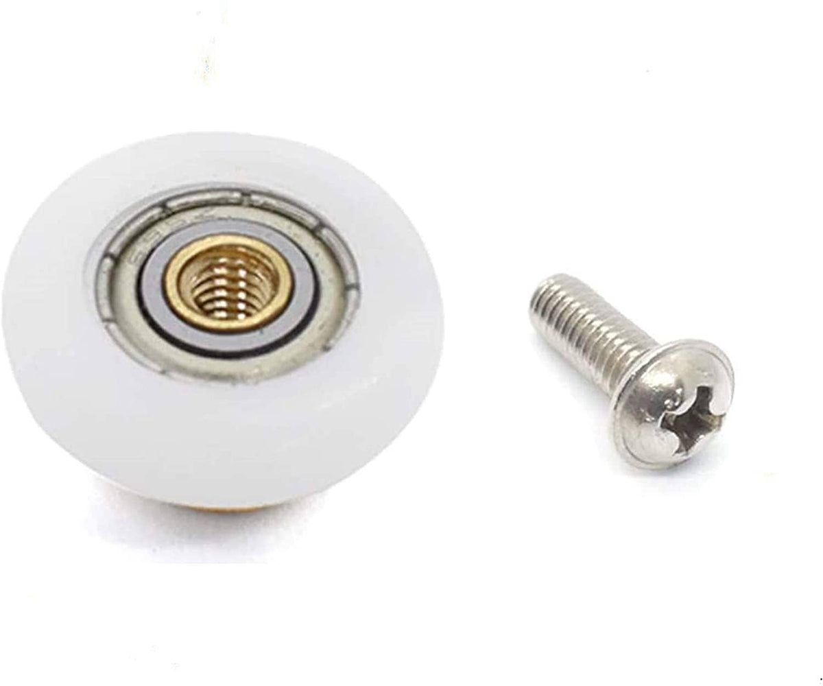 Shower door roller wheel with brass threaded insert and silver metal mounting screw