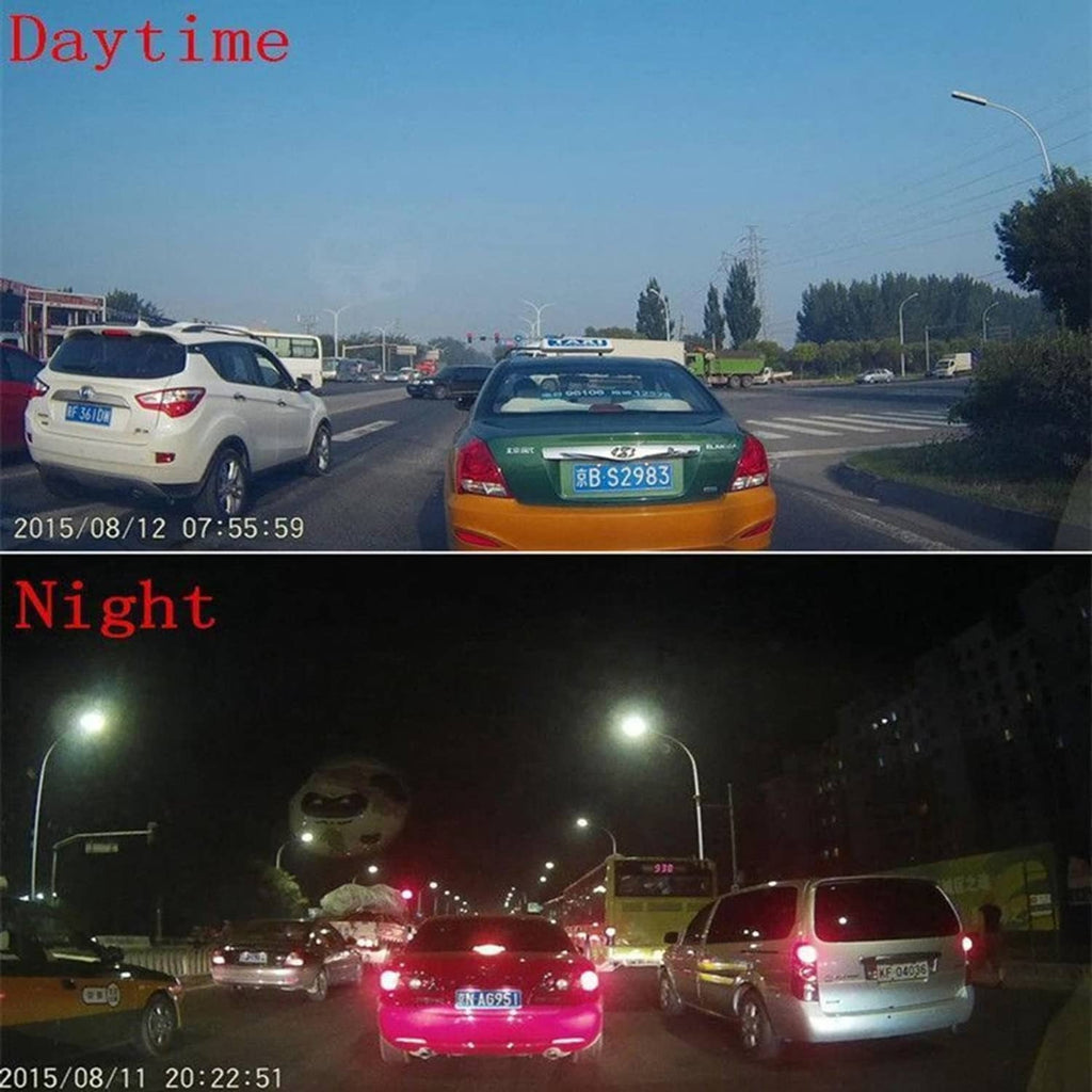 Rearview mirror dash cam screen showing daytime and nighttime traffic footage
