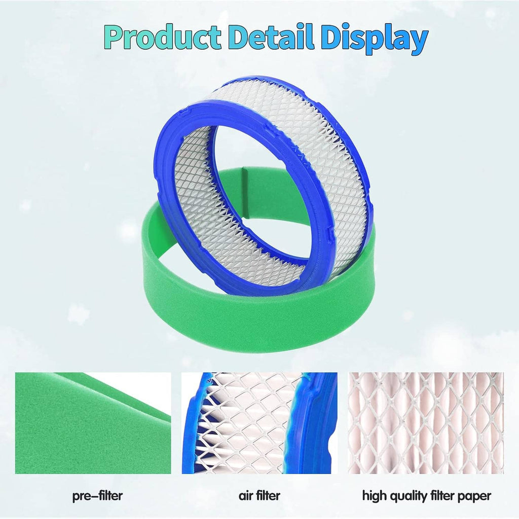 Lawn mower air filter with pre-filter and blue outer rim, showing white pleated mesh and green base