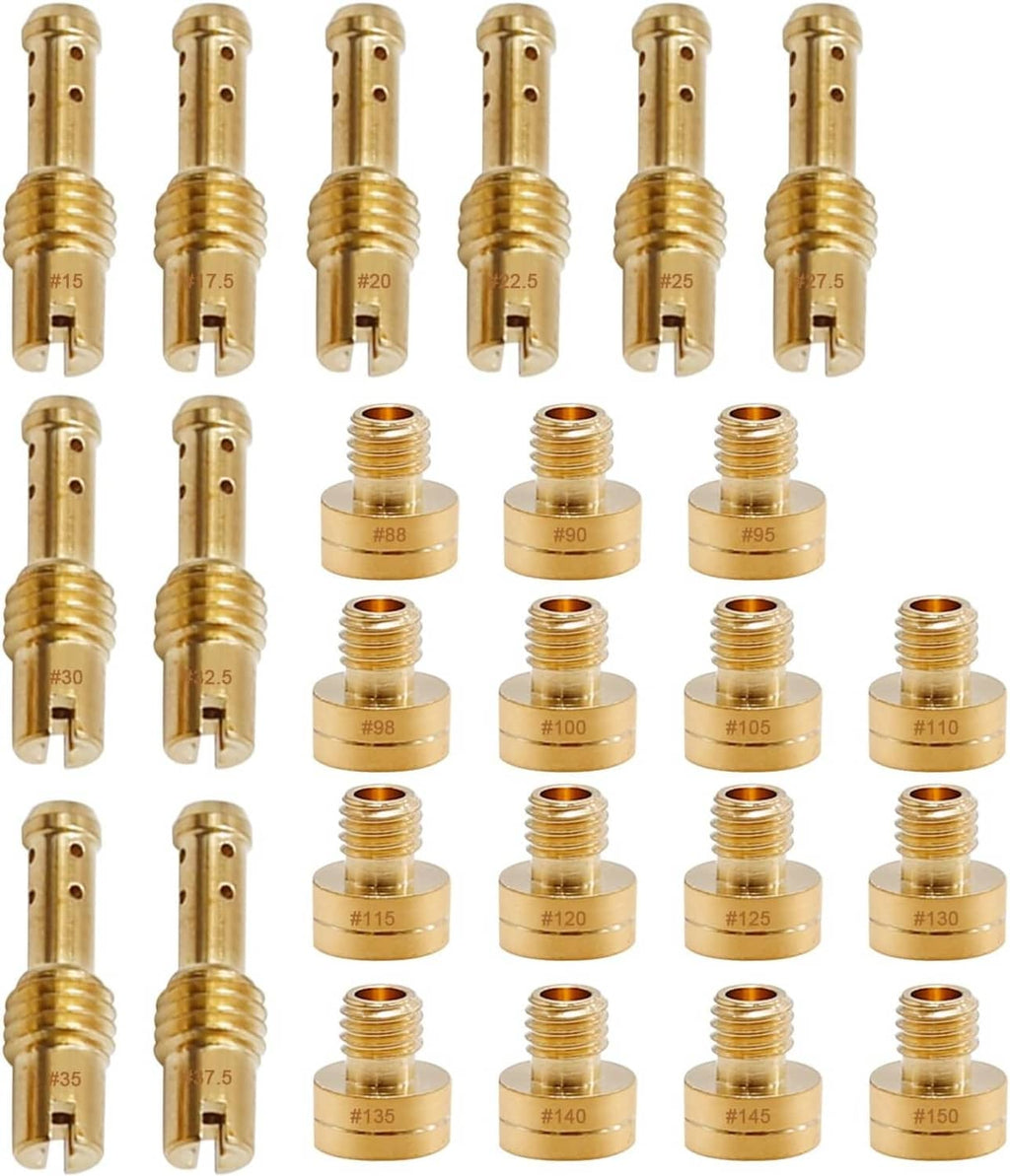 Set of brass carburetor main jets with labeled sizes, 25-piece kit