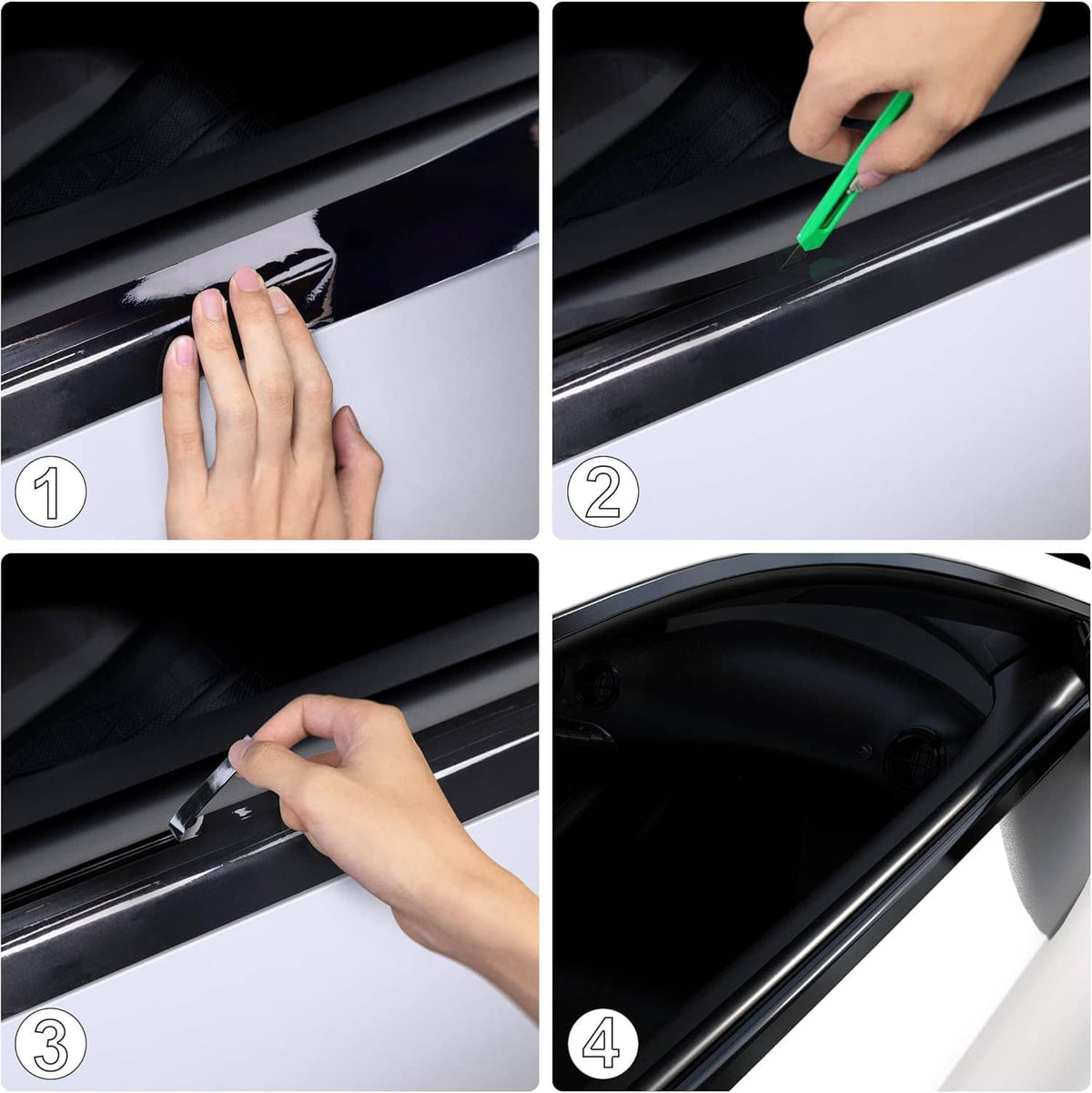 Gloss black vinyl wrap being smoothed onto car trim with hands and tool
