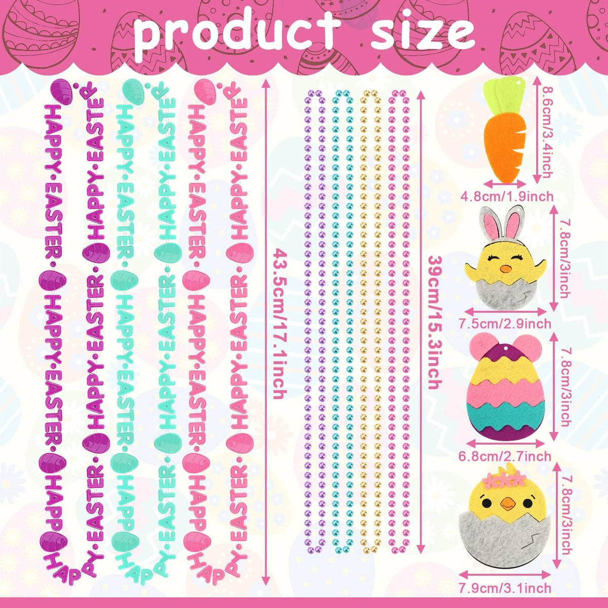 Easter metallic bead necklace set size diagram with bunny charms and multicolor strands