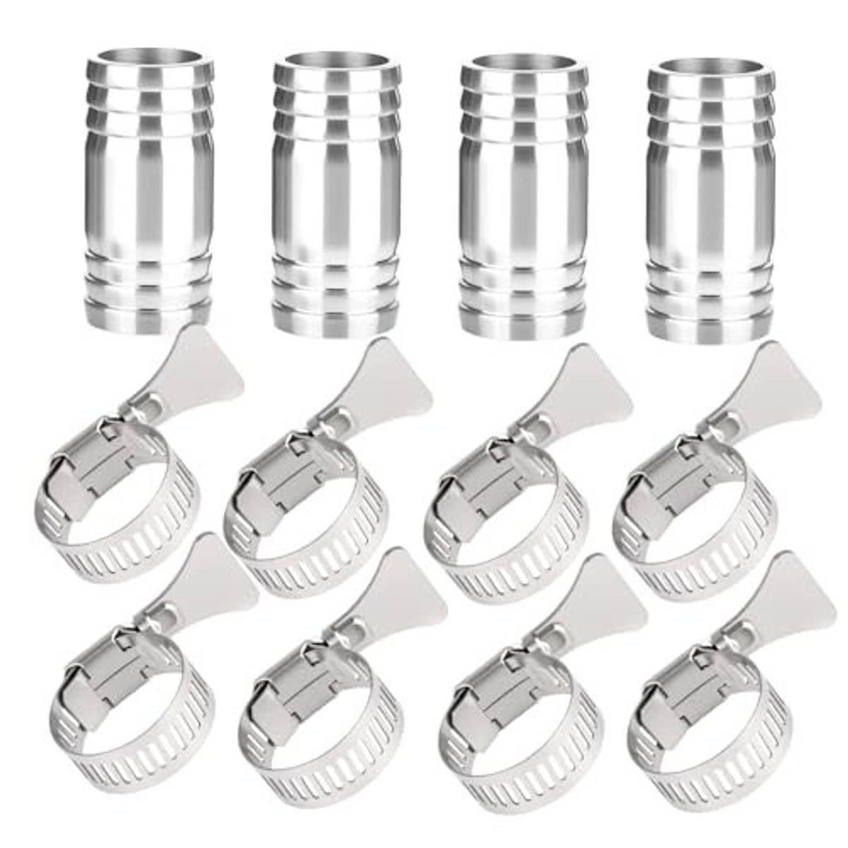 304 stainless steel hose barb fittings with worm-gear clamps, 4 pieces