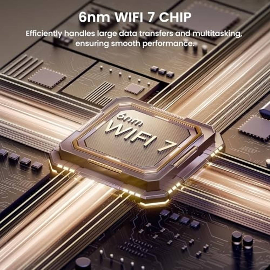WiFi 7 chipset on a circuit board with a gold processor and detailed microcomponents
