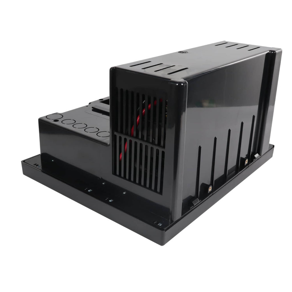 RV power converter with vented heat sink and visible internal wiring