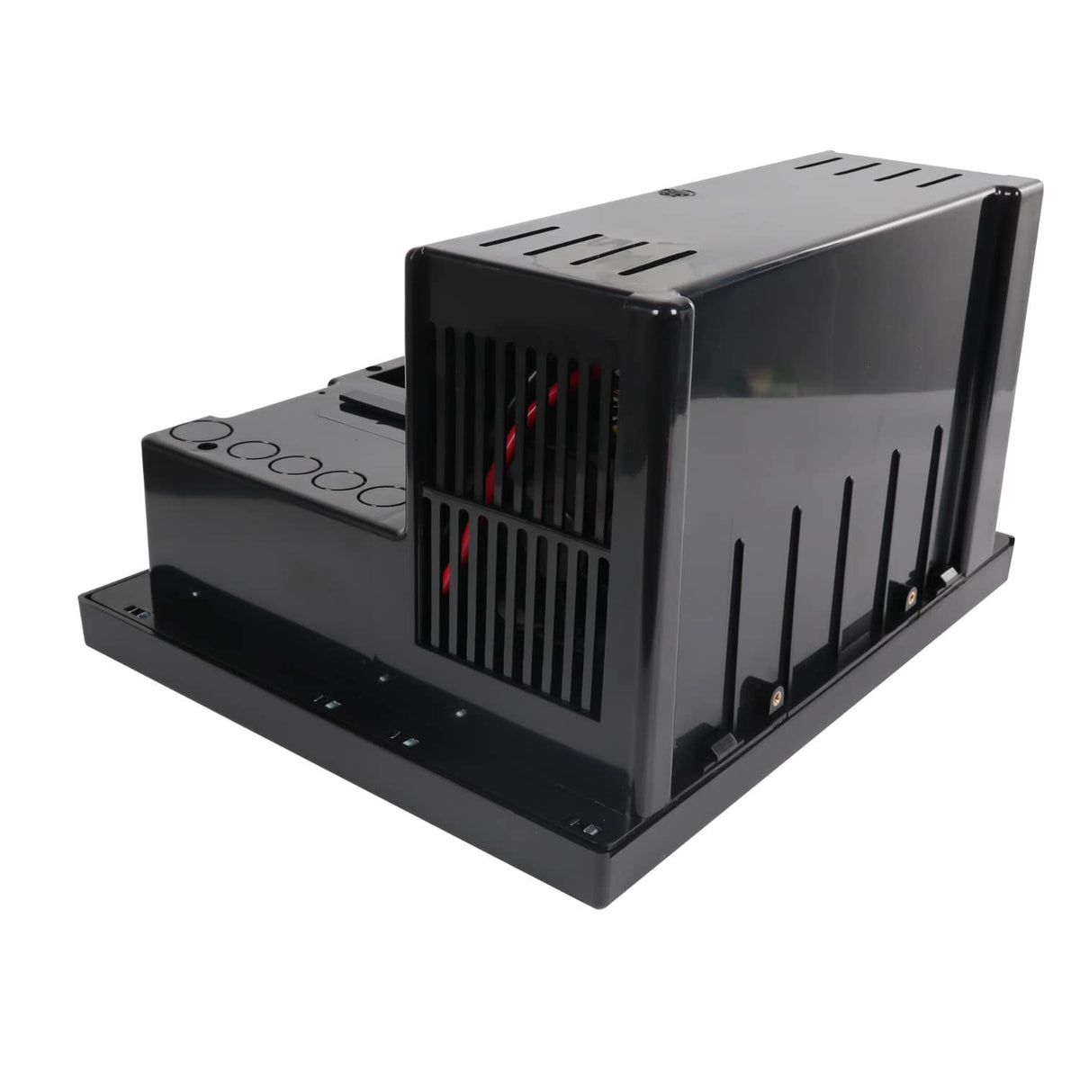 RV power converter with vented heat sink and visible internal wiring