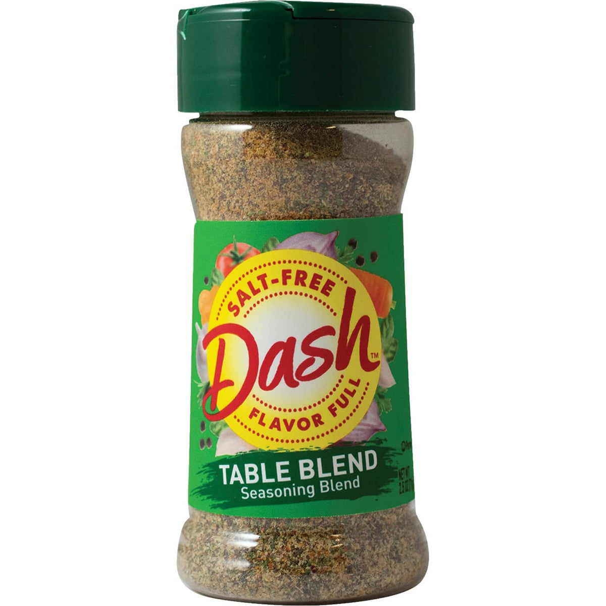Salt-free table seasoning blend bottle with green cap and spice-filled glass jar.