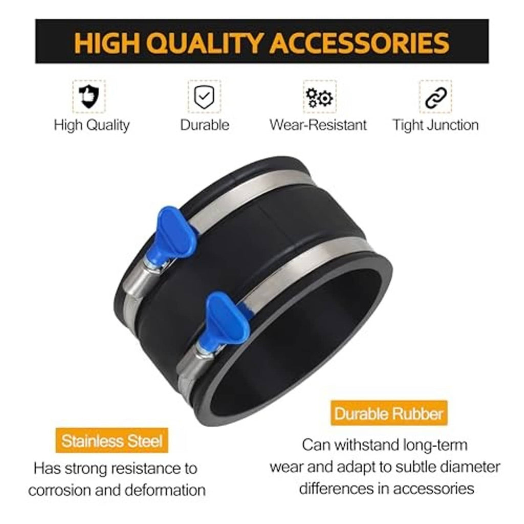 Black rubber flex cuff hose clamp with stainless band and two blue screw levers