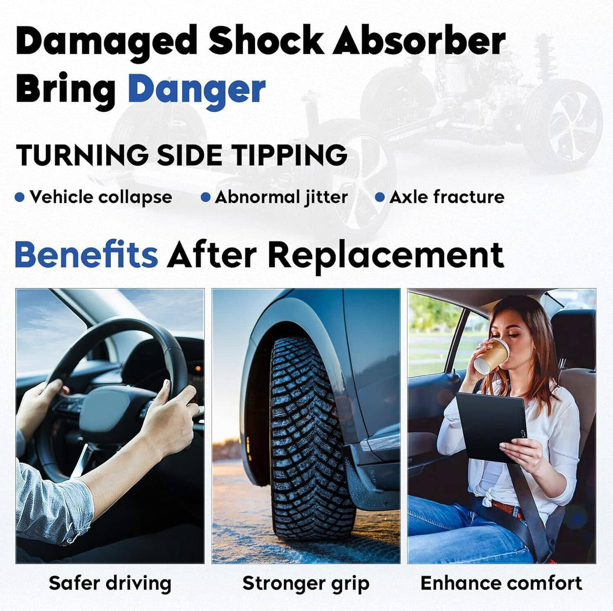 Damaged shock absorber infographic with vehicle stability icons and after-replacement benefits
