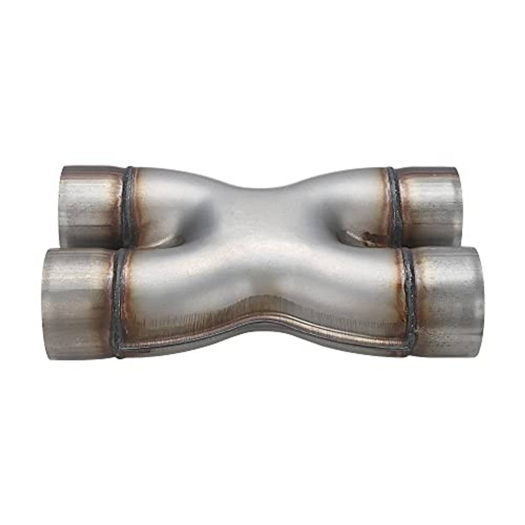 Stainless steel dual exhaust pipe, side view with two outlet flanges and curved bend