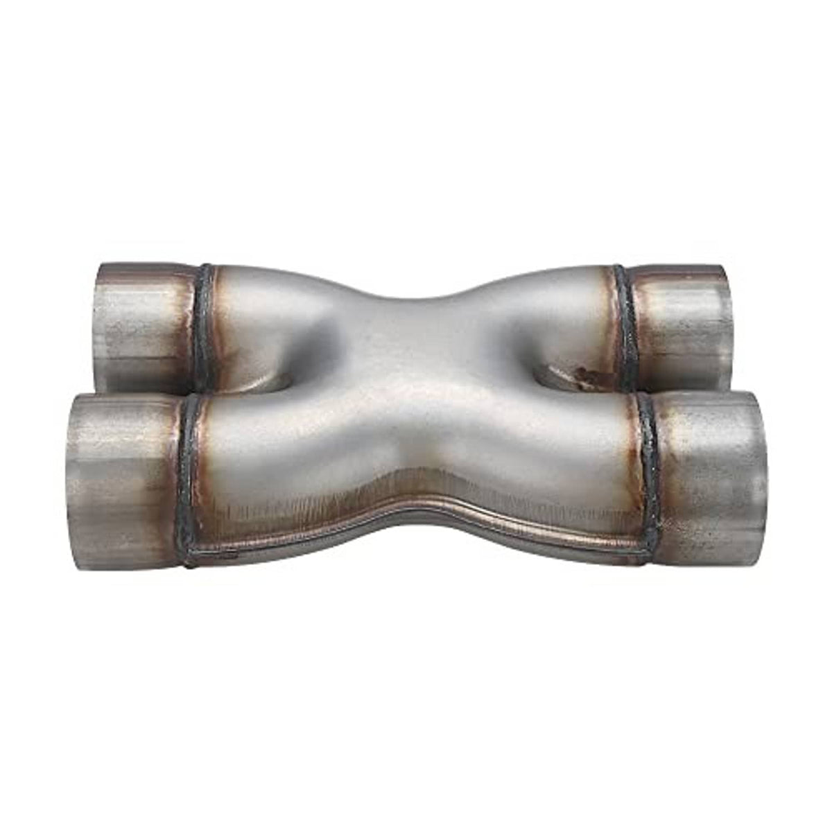 Stainless steel dual exhaust pipe, side view with two outlet flanges and curved bend