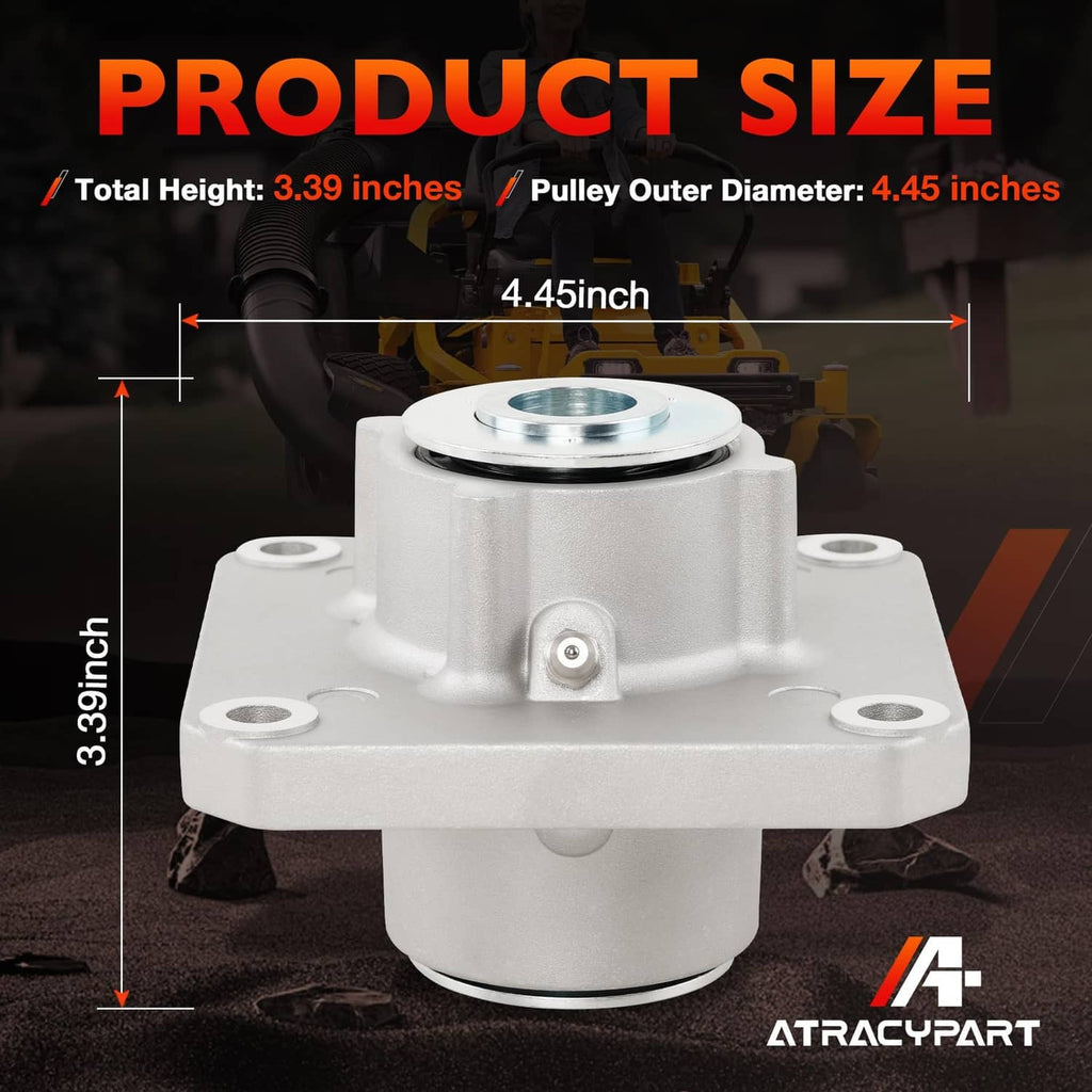 Mower deck spindle assembly with circular pulley and mounting flange, front view