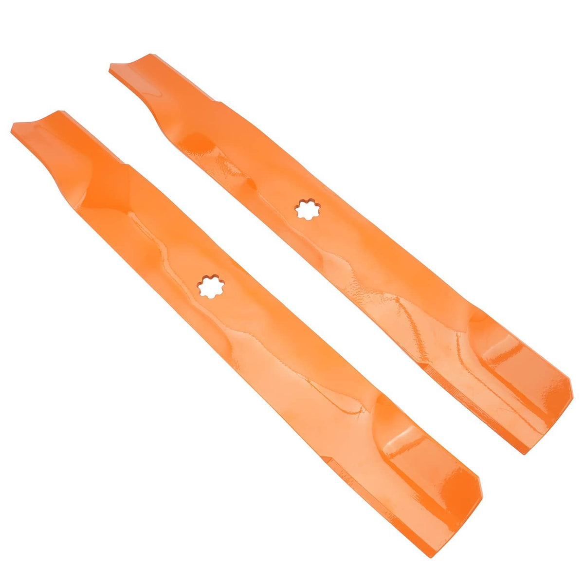 Two mower deck blades laid diagonally, orange coated with bolt holes