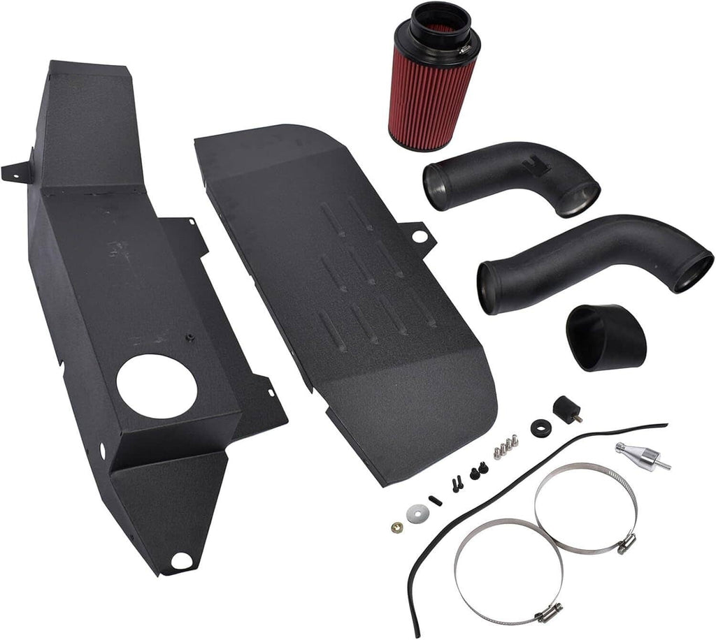 Cold air intake kit with black heat shields, air filter, hoses, and clamps