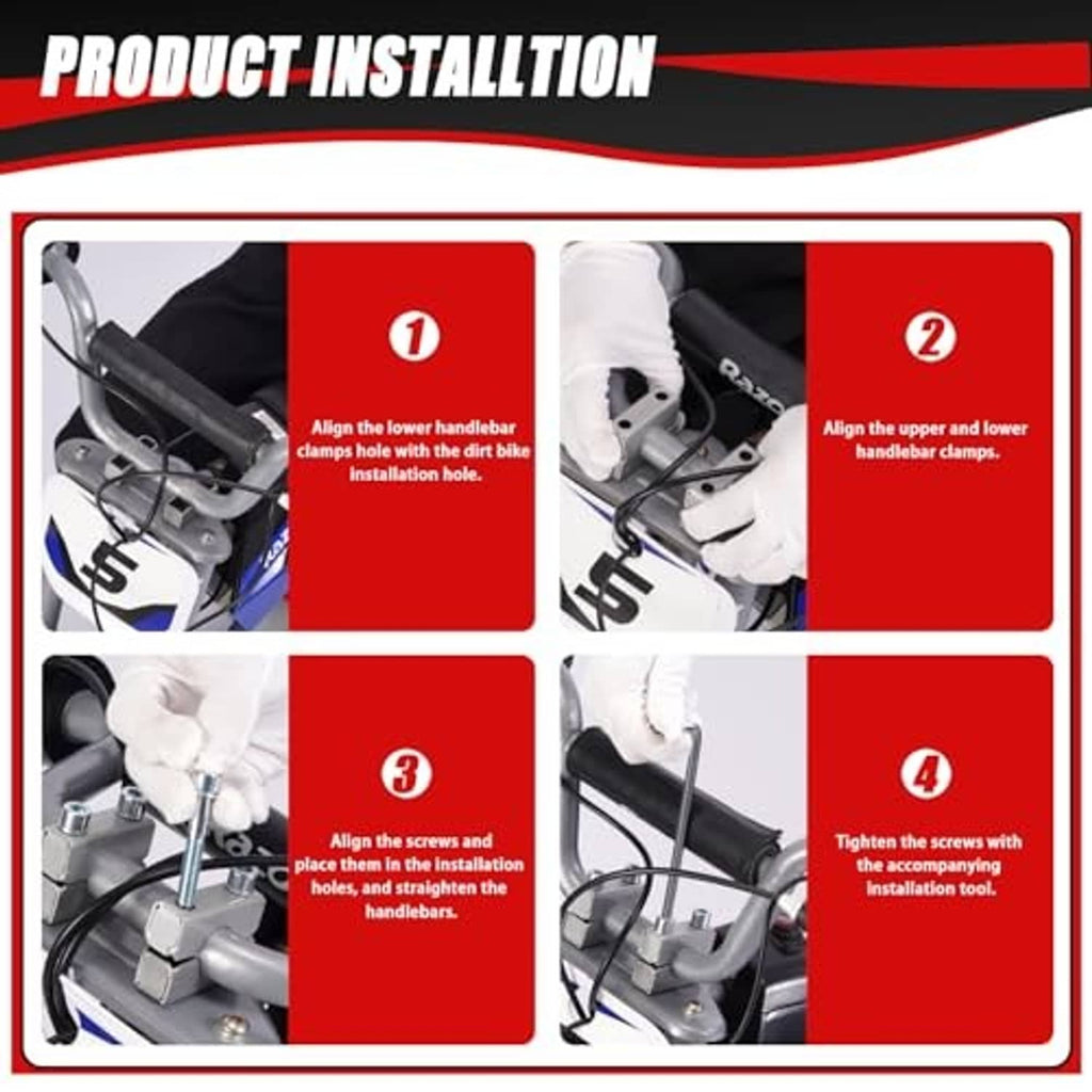 Handlebar clamp riser installation steps diagram with silver clamps and mounting tools