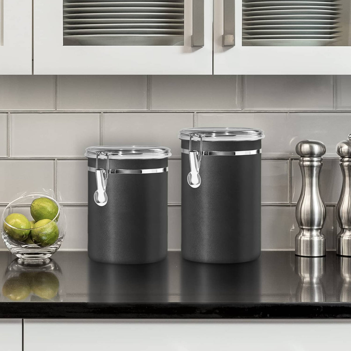 Set of three black stainless steel airtight containers with clear clamp lids