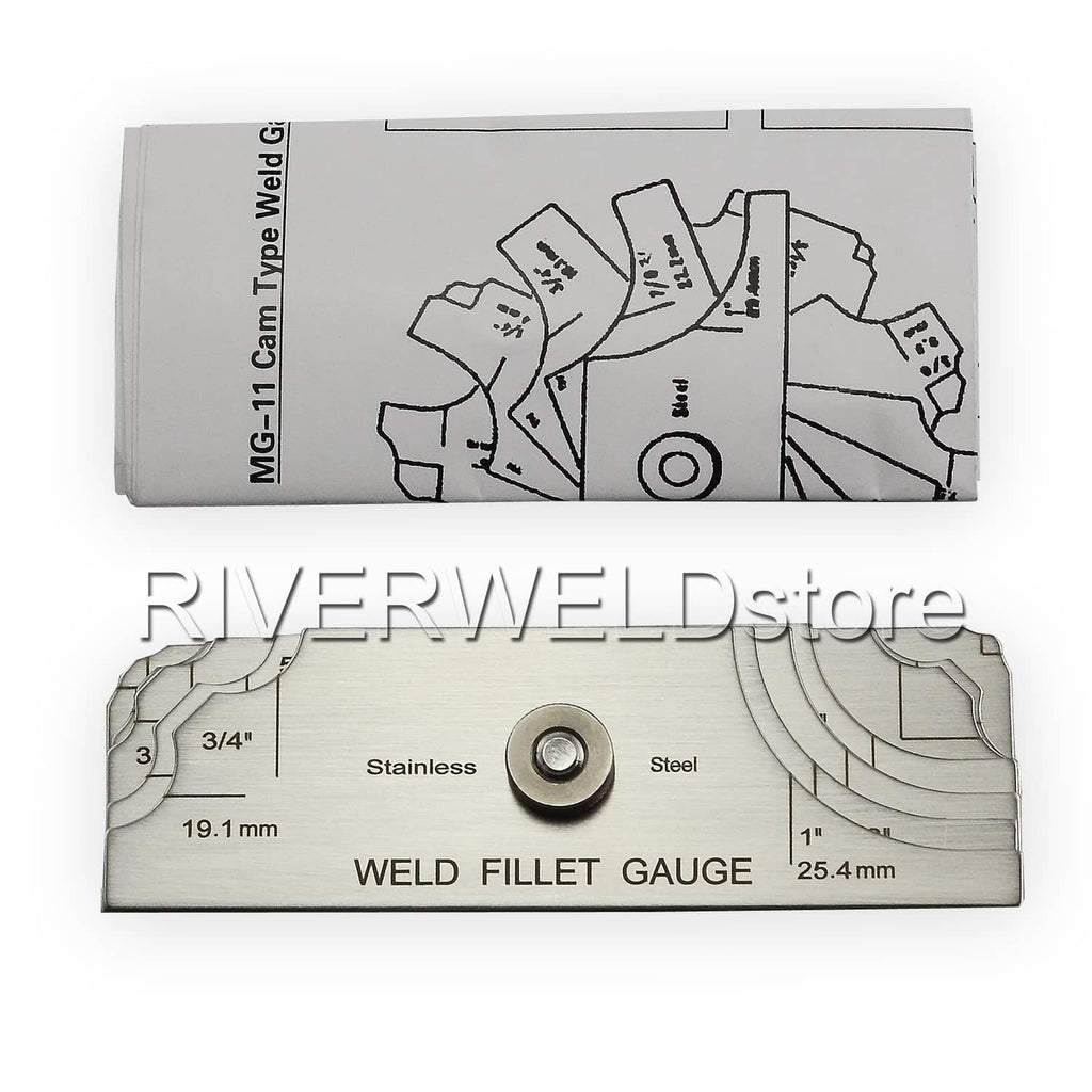 Weld fillet gauge with pivot and engraved weld size guide on gray sleeve
