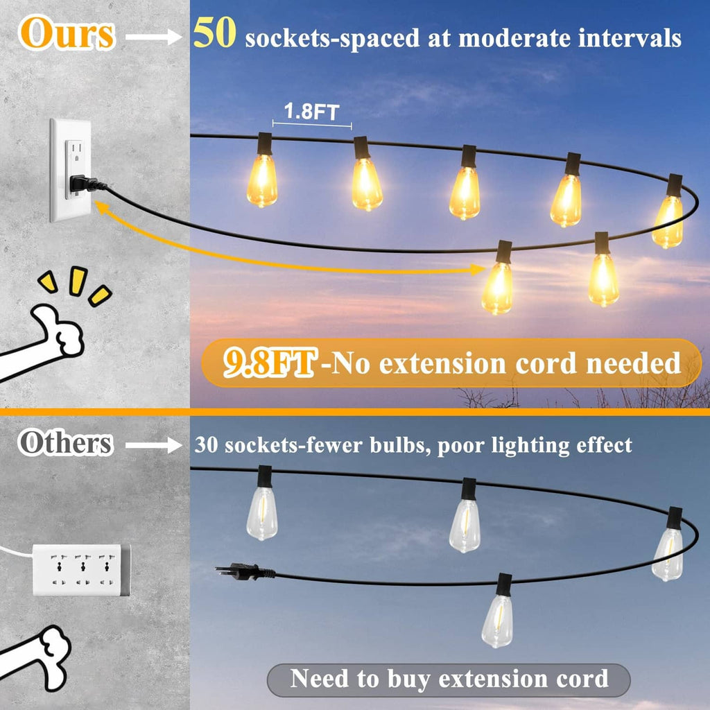 Outdoor string lights with warm amber bulbs spaced along black cord