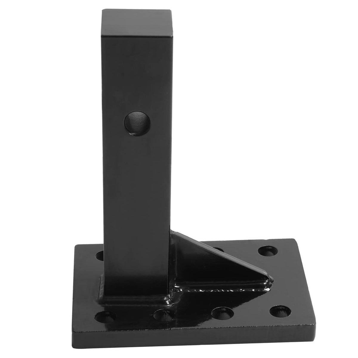 Black steel mounting post welded to a flat base plate with four bolt holes