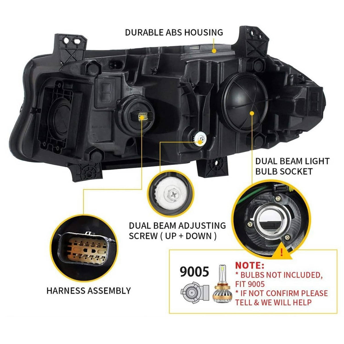 Headlight inner housing diagram showing ABS housing and dual beam bulb socket