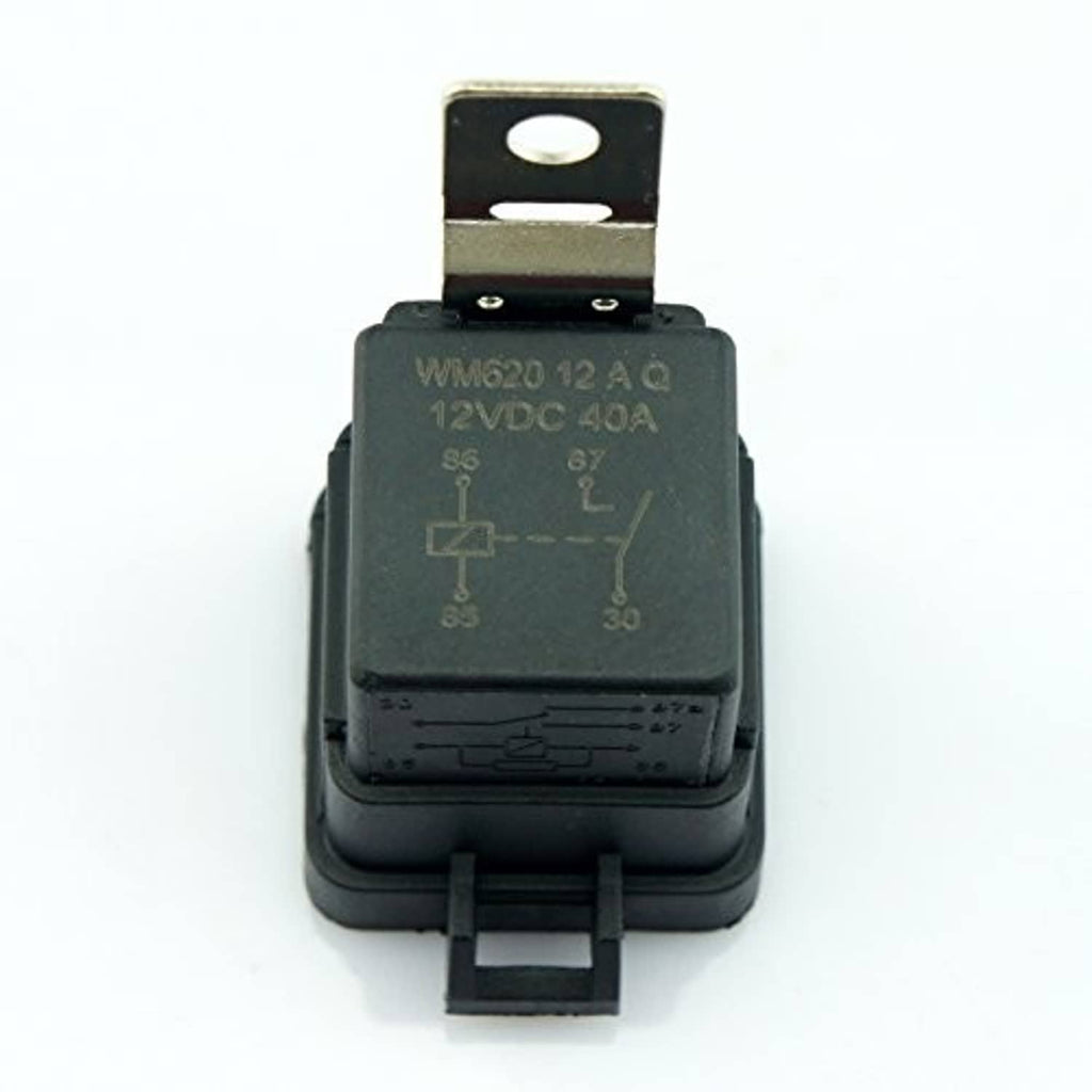 4-pin waterproof car relay with metal mounting tab and printed electrical ratings