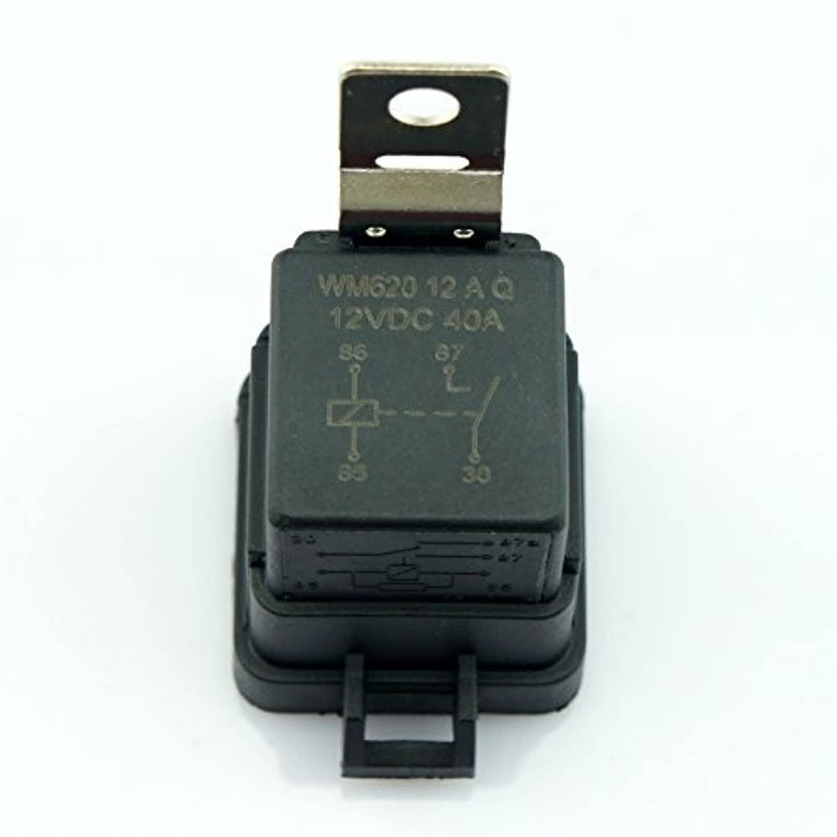 4-pin waterproof car relay with metal mounting tab and printed electrical ratings