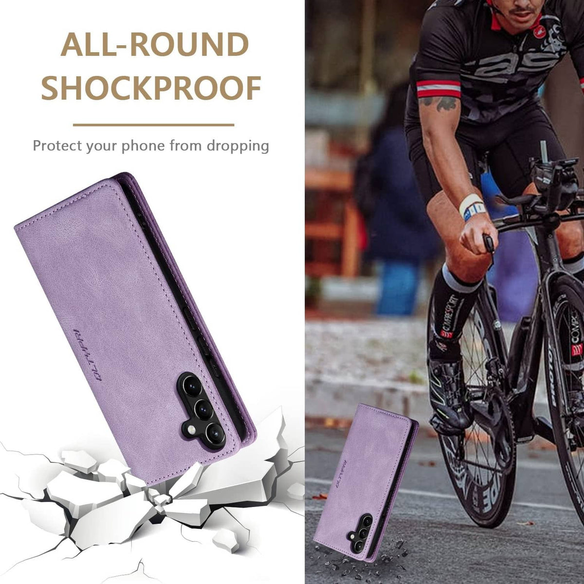 Lavender purple rugged phone wallet case, folio cover with camera cut-out for shock protection.