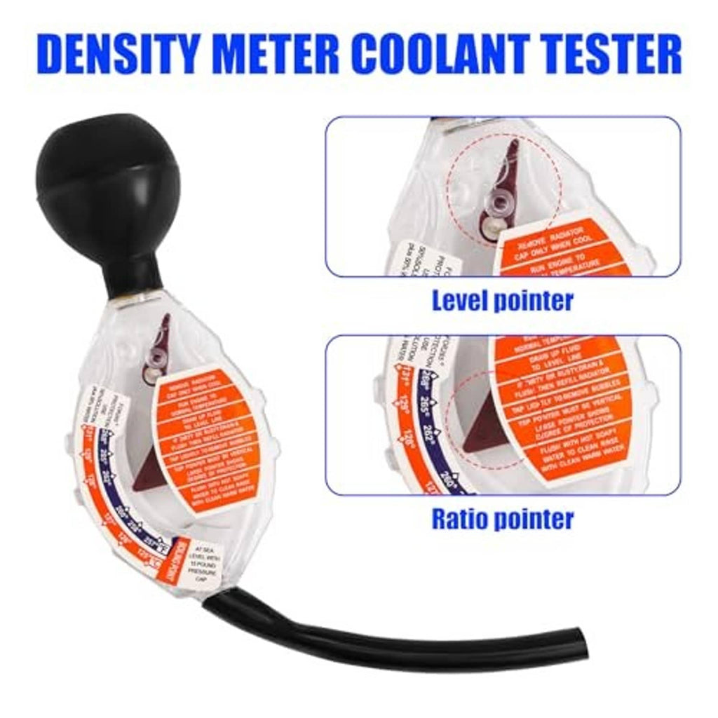 Antifreeze coolant tester showing level and ratio pointer marks on orange hydrometer scale