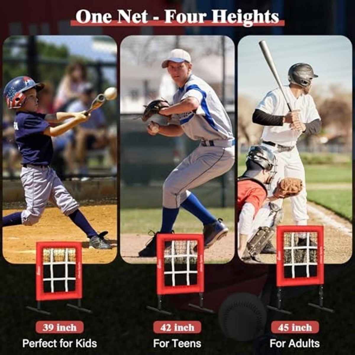 Adjustable red pitching net shown at multiple heights with black strike zone target