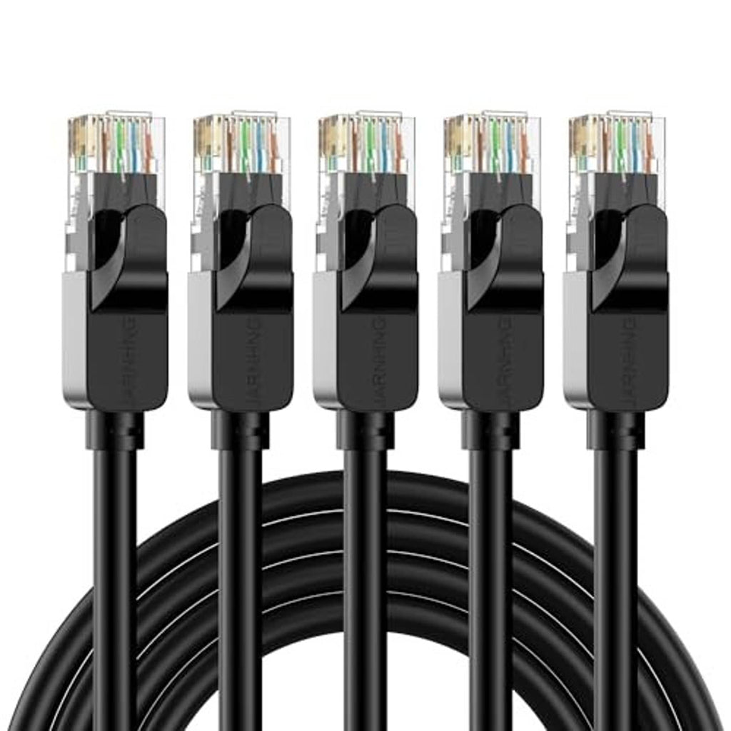 Close-up of black RJ45 Ethernet connectors with gold contacts on a Cat6 cable.