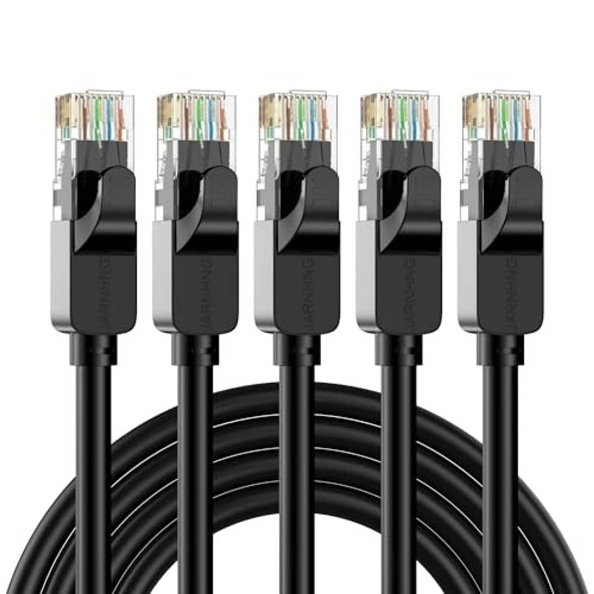 Close-up of black RJ45 Ethernet connectors with gold contacts on a Cat6 cable.