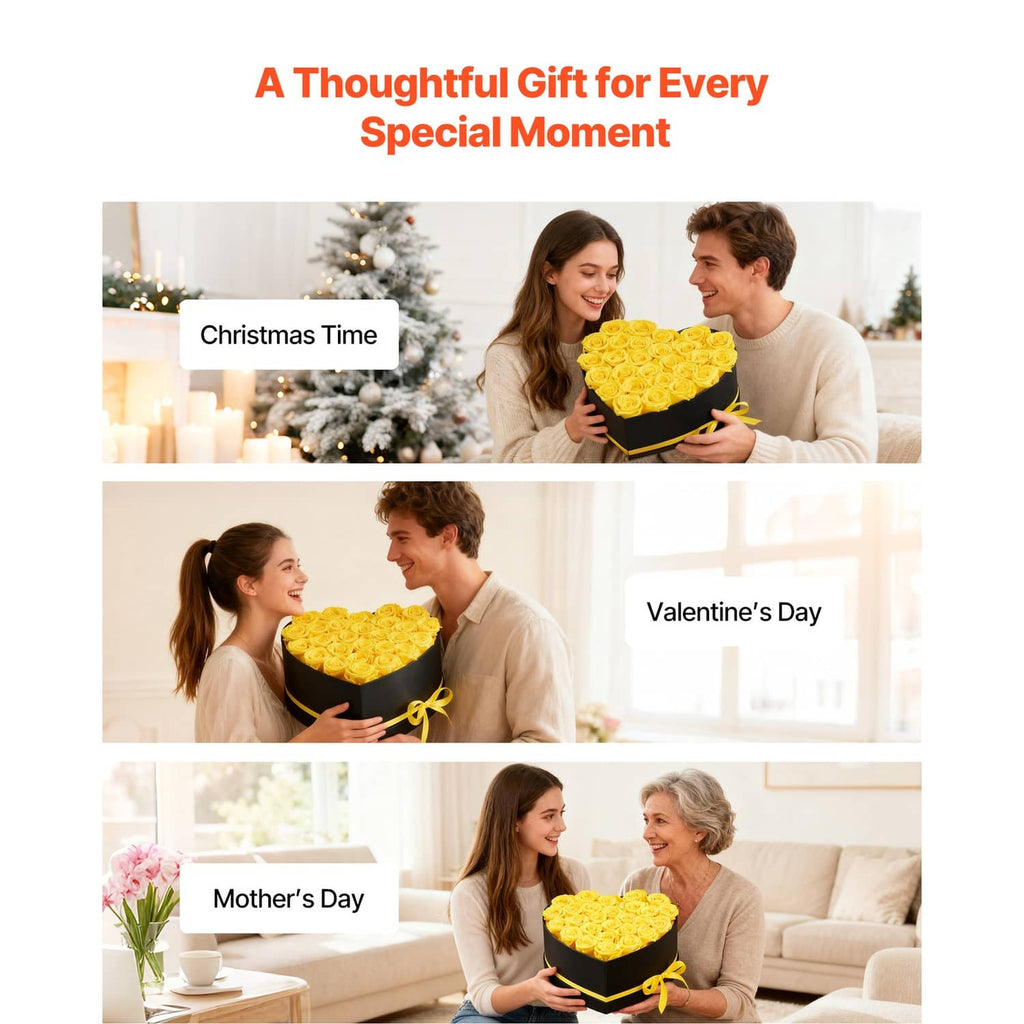 Heart-shaped black rose box filled with yellow preserved roses and yellow ribbon