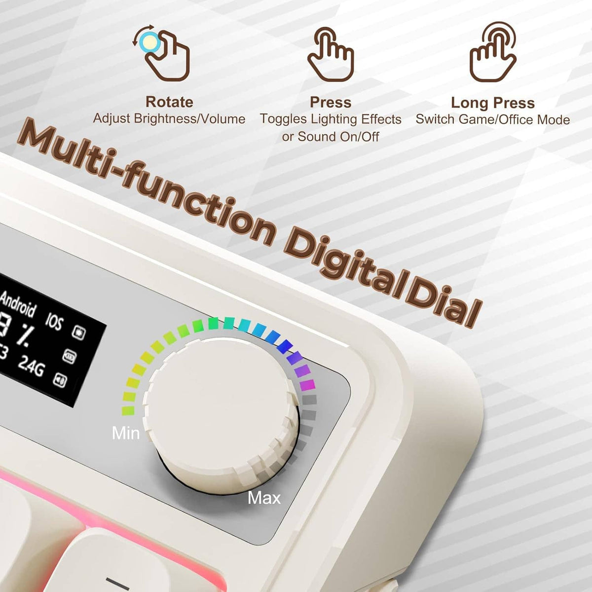 Wireless keyboard with rotary dial for brightness and sound, plus game/office mode keys