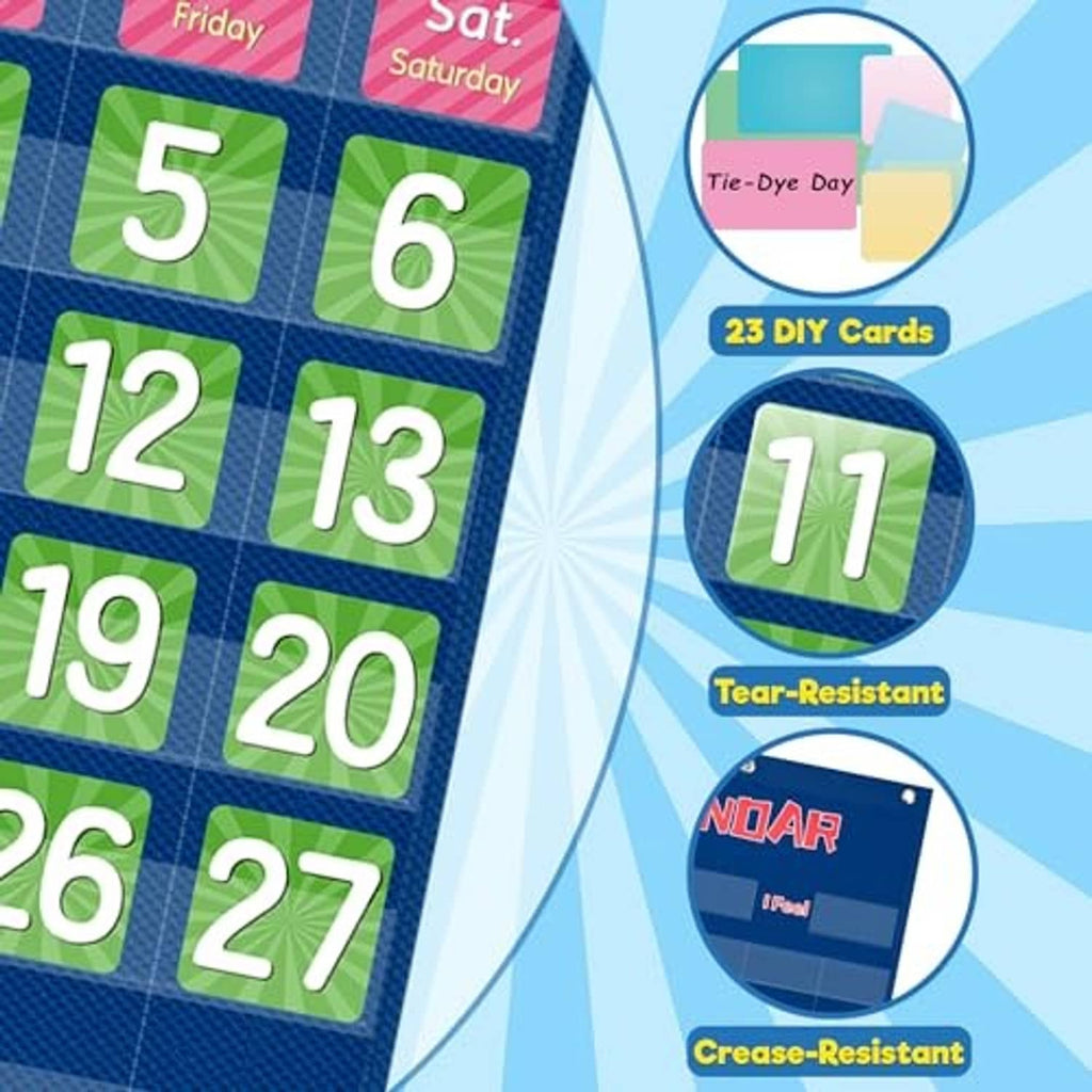 Close-up of blue numbered pocket tiles with reinforced material badges for calendar cards