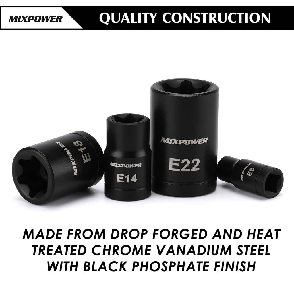 Black E14, E16, E20, E22, and E18 Torx bit sockets, MIXPOWER branding on cups