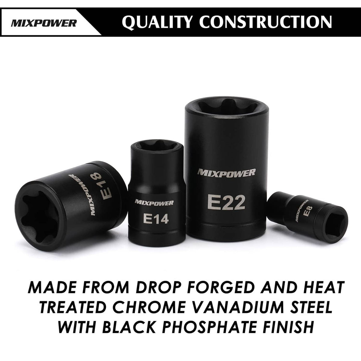 Black E14, E16, E20, E22, and E18 Torx bit sockets, MIXPOWER branding on cups