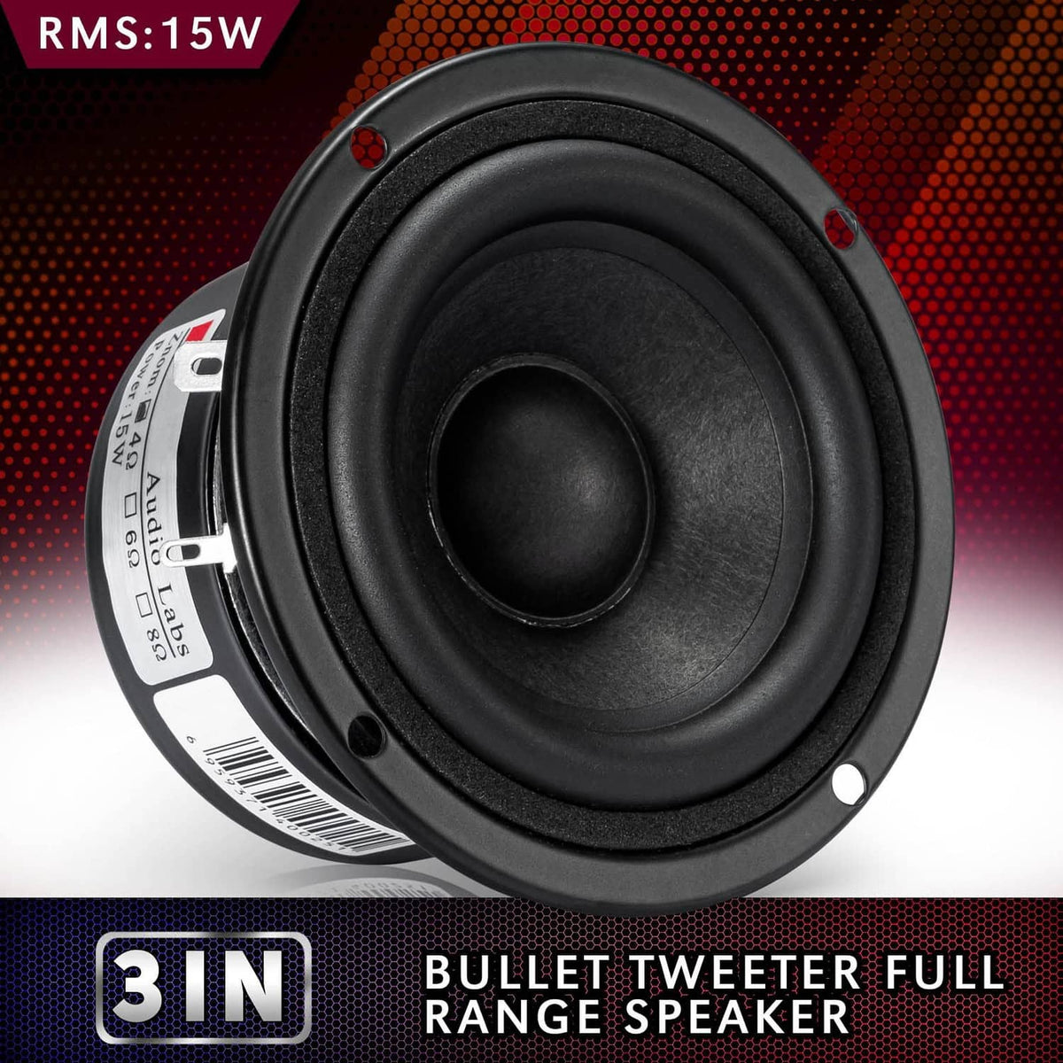 Black 3-inch speaker woofer front view with dust cap and mounting holes