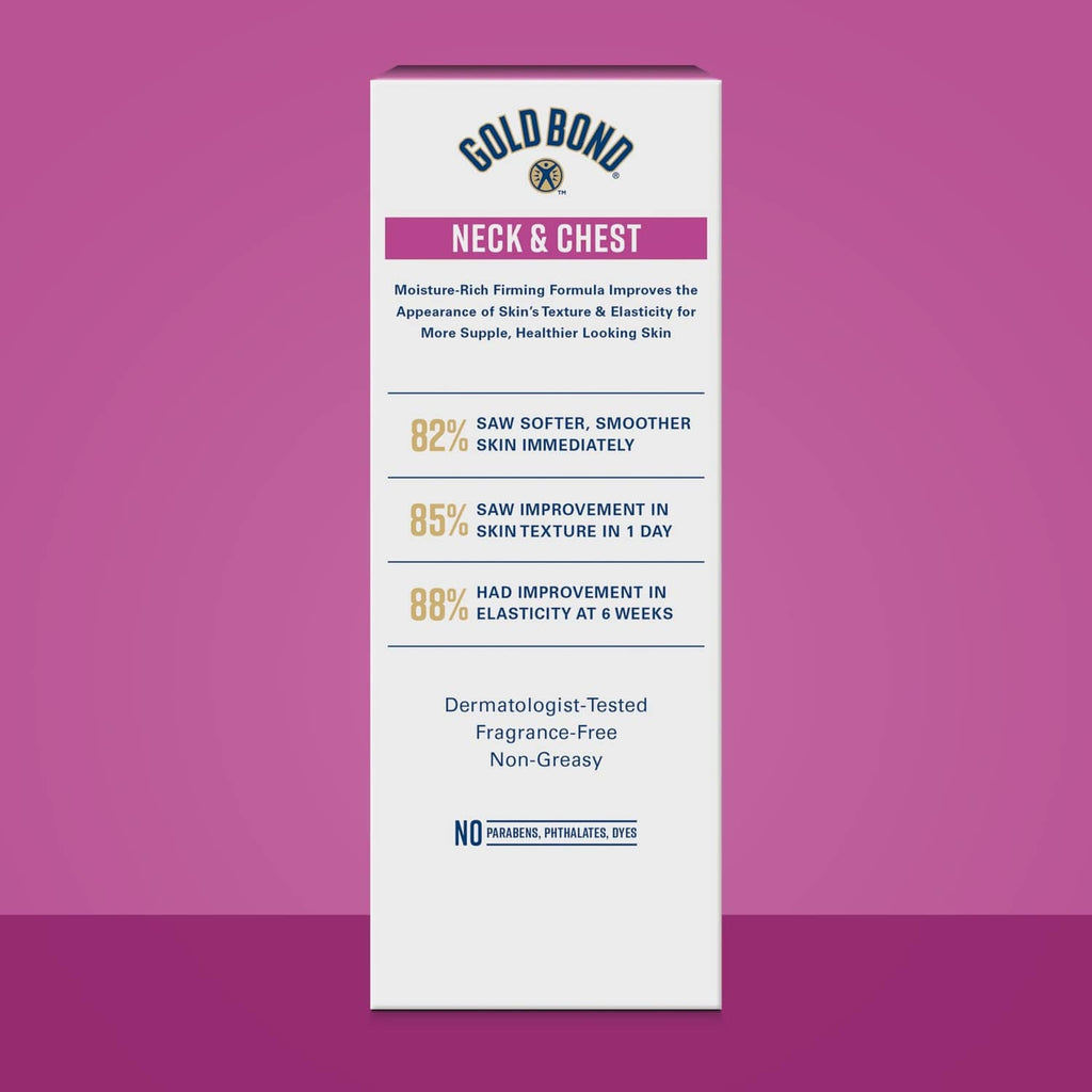 Gold Bond neck & chest firming cream box (back panel) with purple label