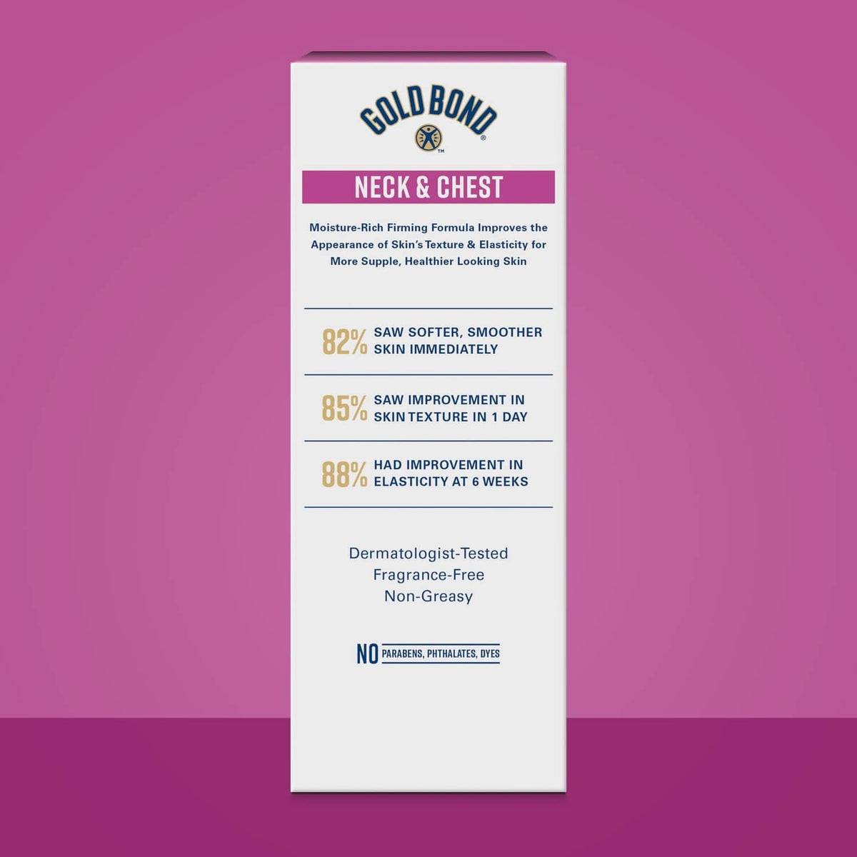 Gold Bond neck & chest firming cream box (back panel) with purple label