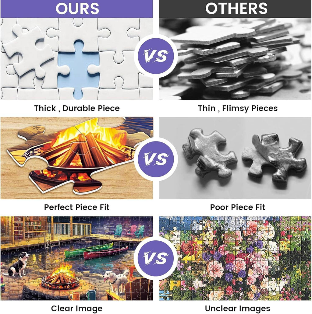 Interlocking jigsaw puzzle pieces with thick, durable cardboard compared to thin pieces